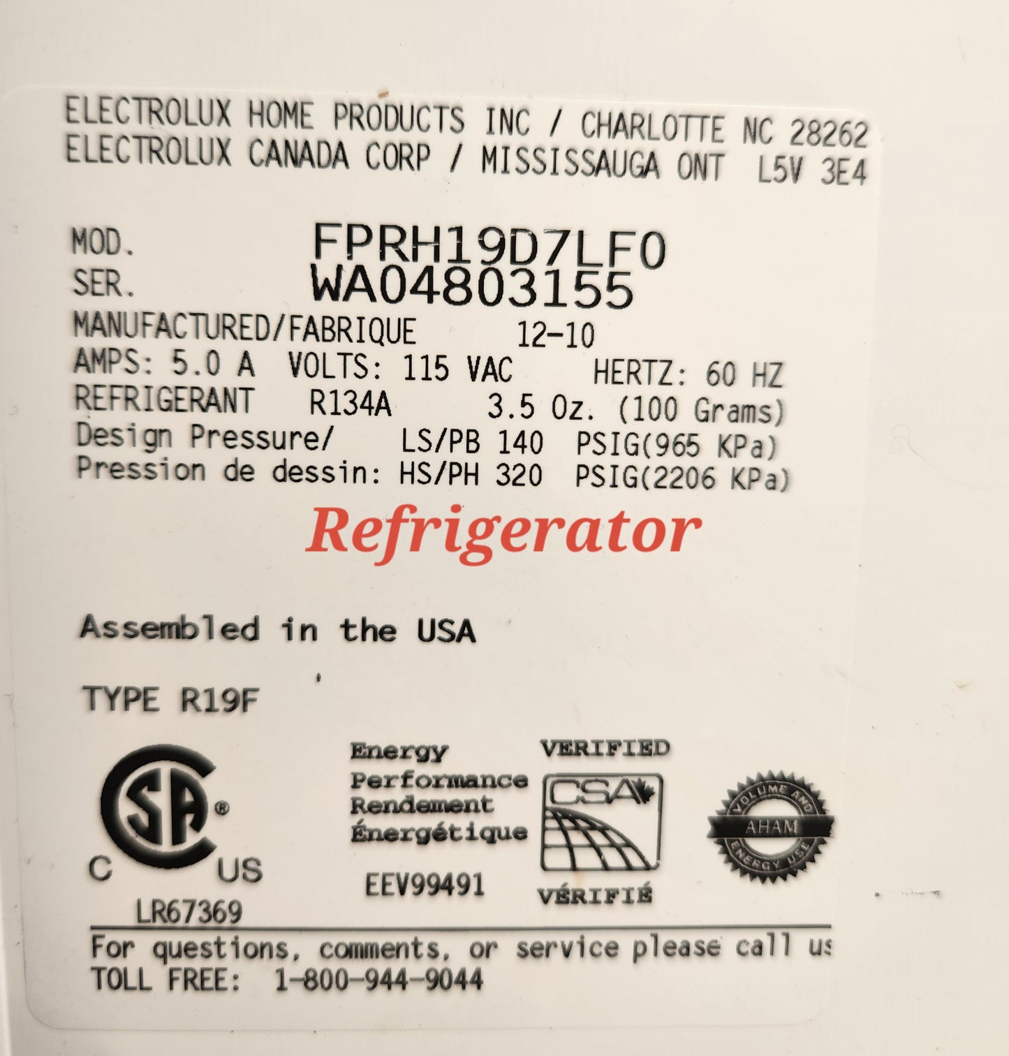2018 Frigidaire Refrigerator